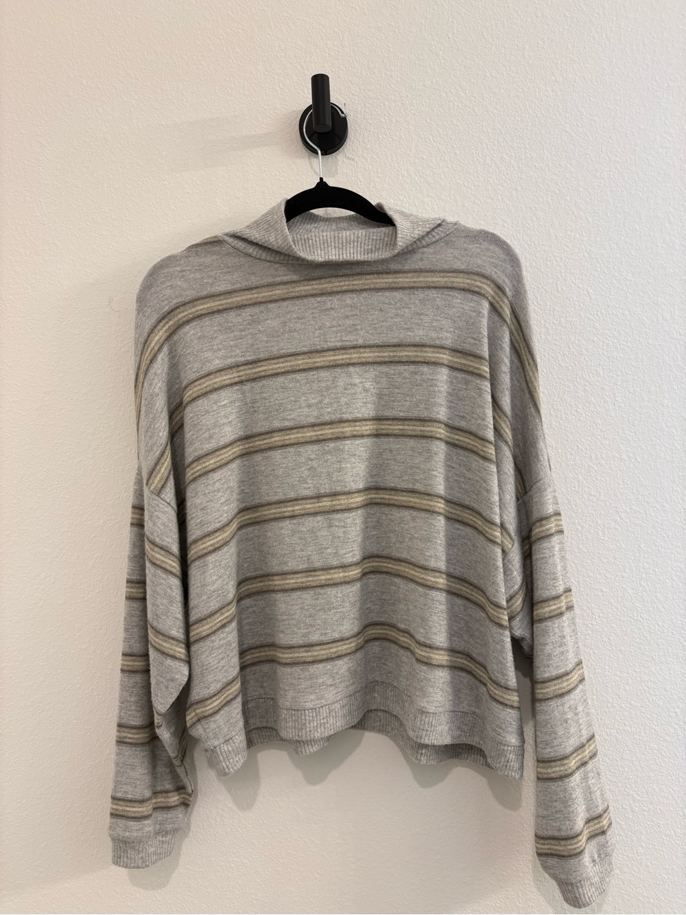 Lucky Brand Gray Stripe Crewneck Sweater with Tan Accents